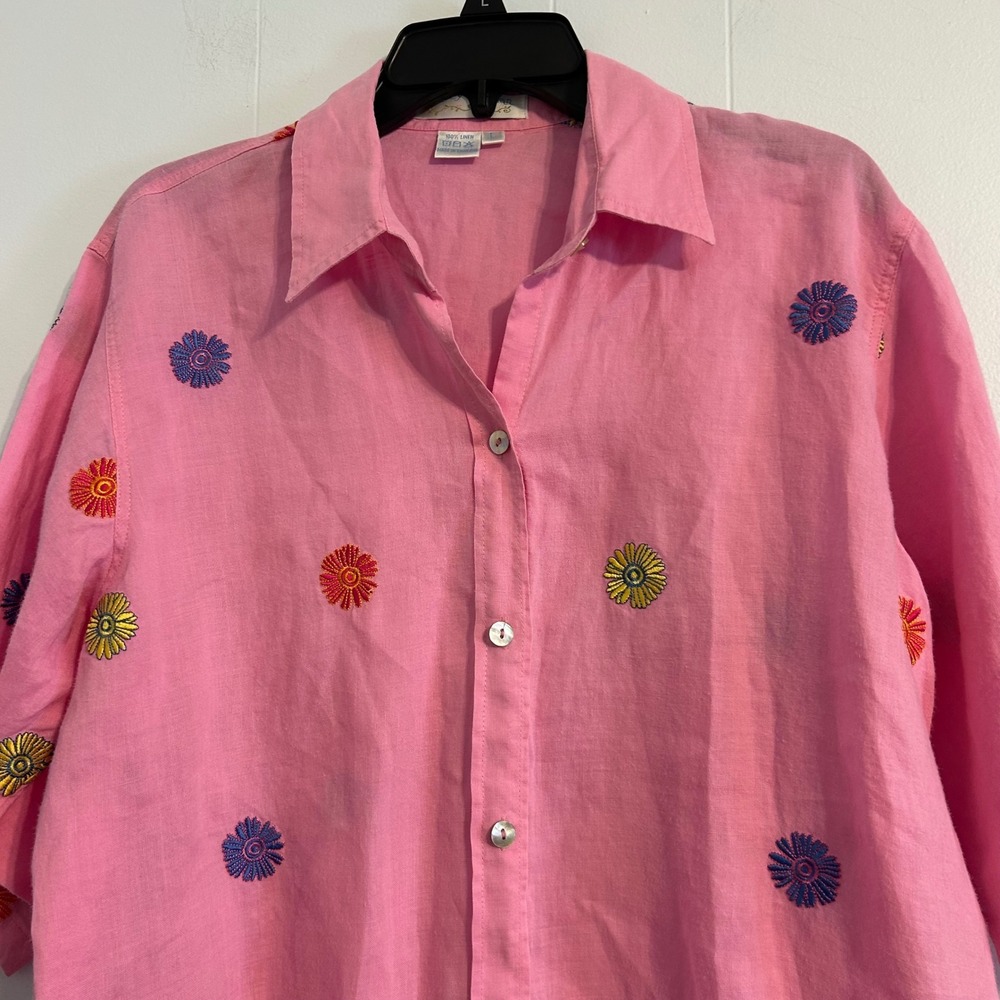Casey Coleman Pink 100% Linen Embroidered Daisy Button Up Shirt Womens Large - Picture 3 of 11